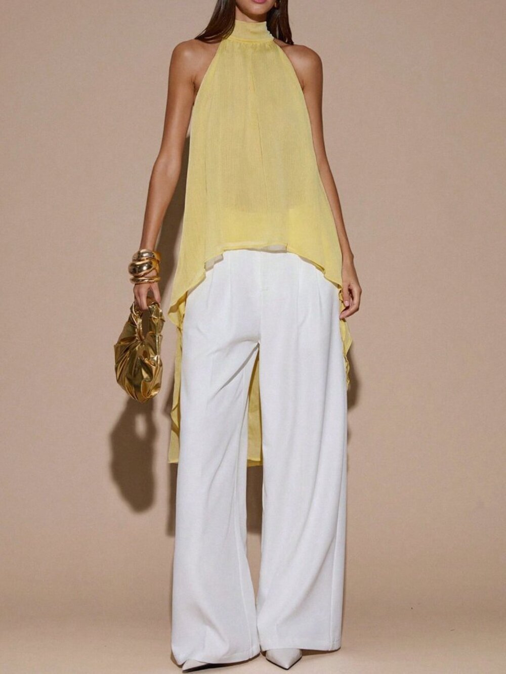 Light Yellow Casual Sexy Minimalist Women's Chiffon Halter Neck Tank Top